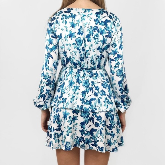 Majorelle Blue Floral Print Balloon Sleeve Plunge Tie Waist Ruffle Mini Dress - Picture 6 of 14